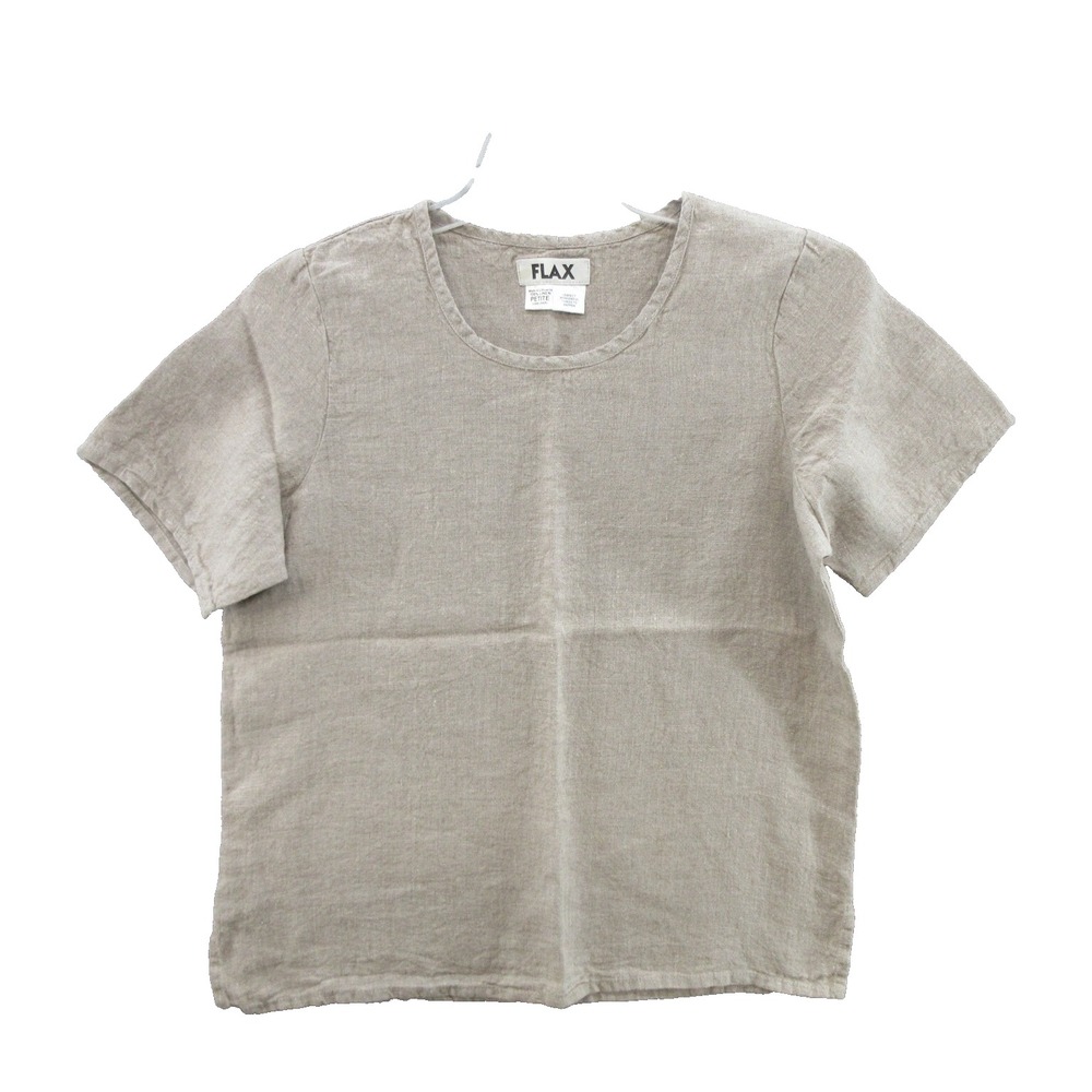 FLAX Designs Linen XS Pullover Crew Neck Solid Beige Side Slit Short Sleeve New